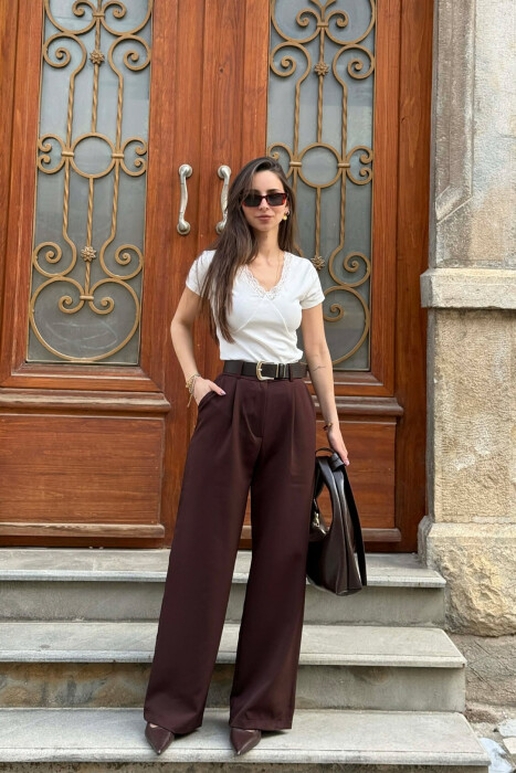 ONE COLOR BELT DETAIL WOMEN TROUSERS BROWN/KAFE - 1