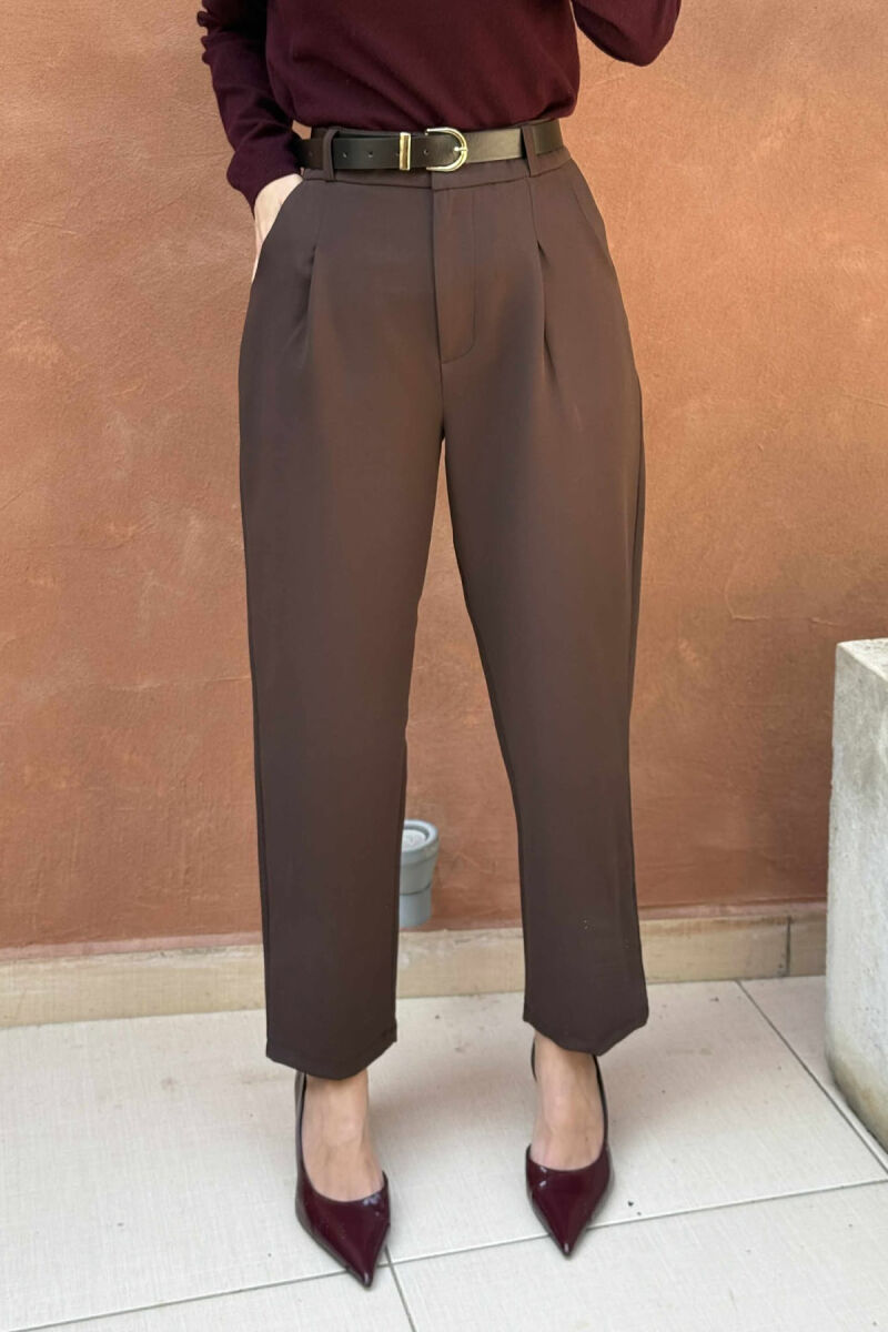 ONE COLOR BELT DETAIL WOMEN TROUSERS BROWN/KAFE - 1