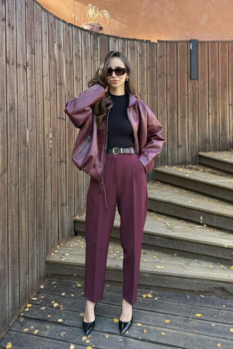 ONE COLOR BELT DETAIL WOMEN TROUSERS BURGUNDY/VISHNJE - KLAUDIO FASHION