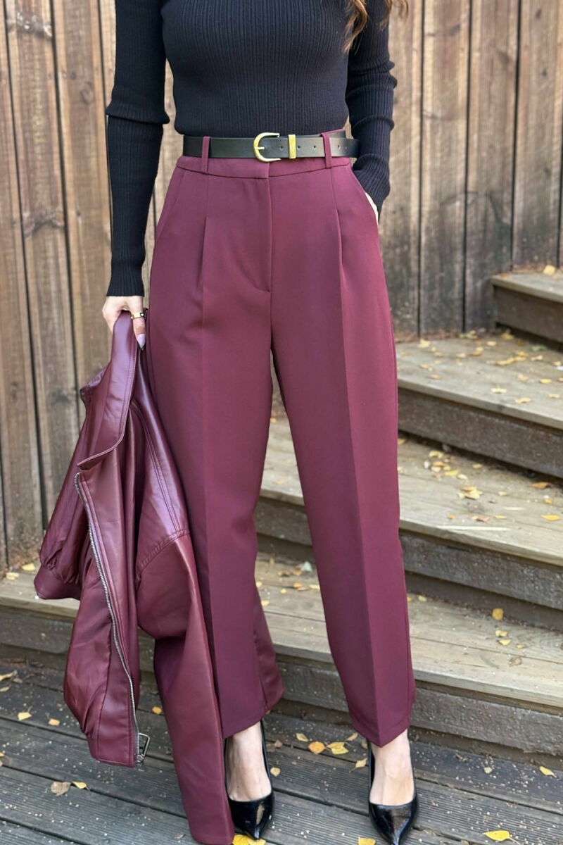 ONE COLOR BELT DETAIL WOMEN TROUSERS BURGUNDY/VISHNJE - 2