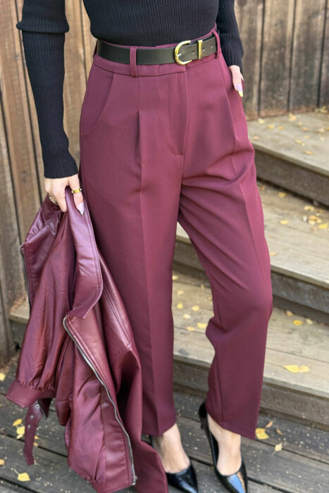 ONE COLOR BELT DETAIL WOMEN TROUSERS BURGUNDY/VISHNJE - 3