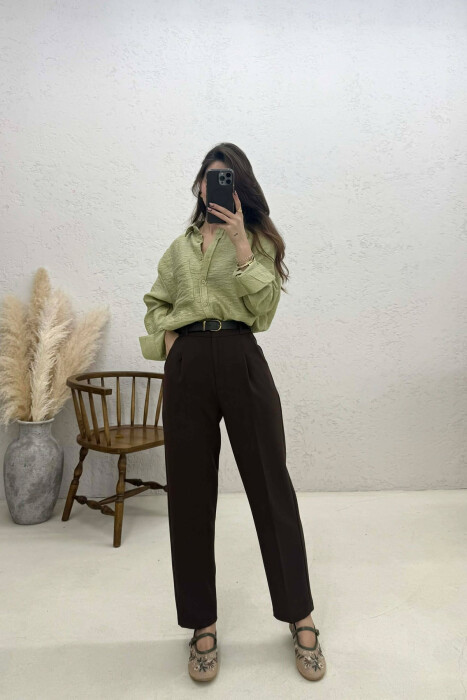 ONE COLOR BELT DETAIL WOMEN TROUSERS DARK BROWN/KAE - 1