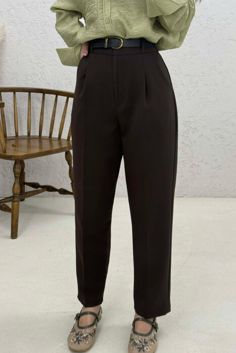 ONE COLOR BELT DETAIL WOMEN TROUSERS DARK BROWN/KAE - 2