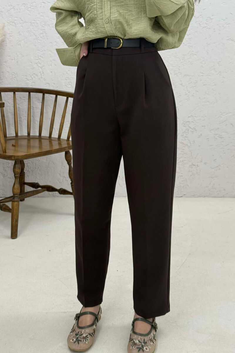 ONE COLOR BELT DETAIL WOMEN TROUSERS DARK BROWN/KAE - 2
