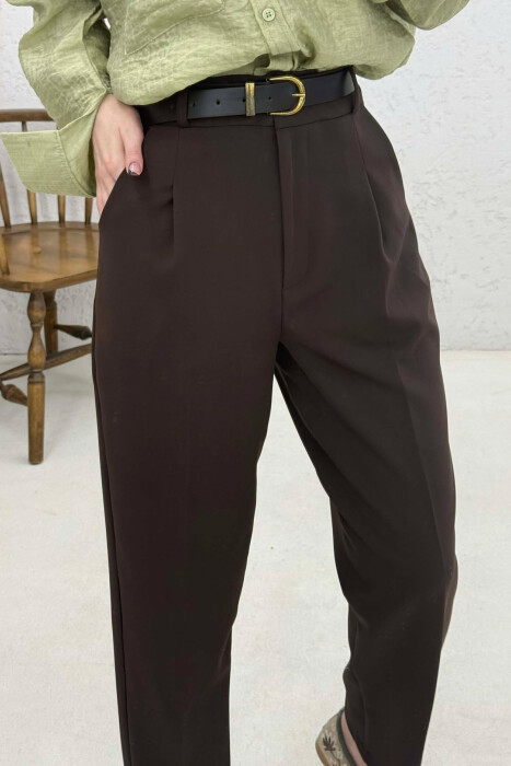 ONE COLOR BELT DETAIL WOMEN TROUSERS DARK BROWN/KAE - 3