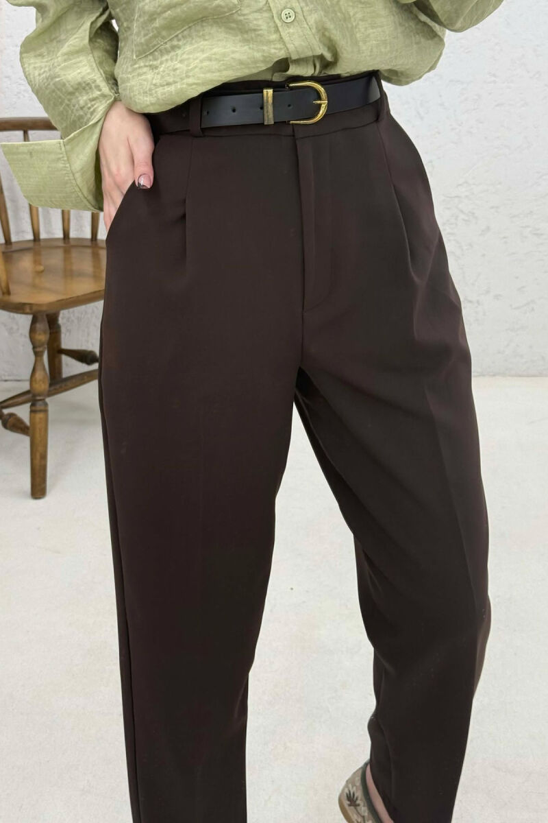 ONE COLOR BELT DETAIL WOMEN TROUSERS DARK BROWN/KAE - 3