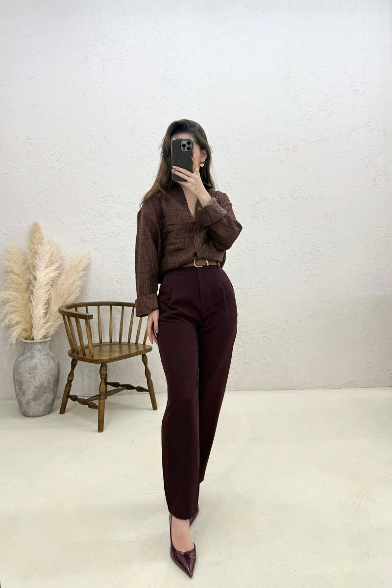ONE COLOR BELT DETAIL WOMEN TROUSERS DARK BURGUNDY/VISHNJE E ERRET - 1