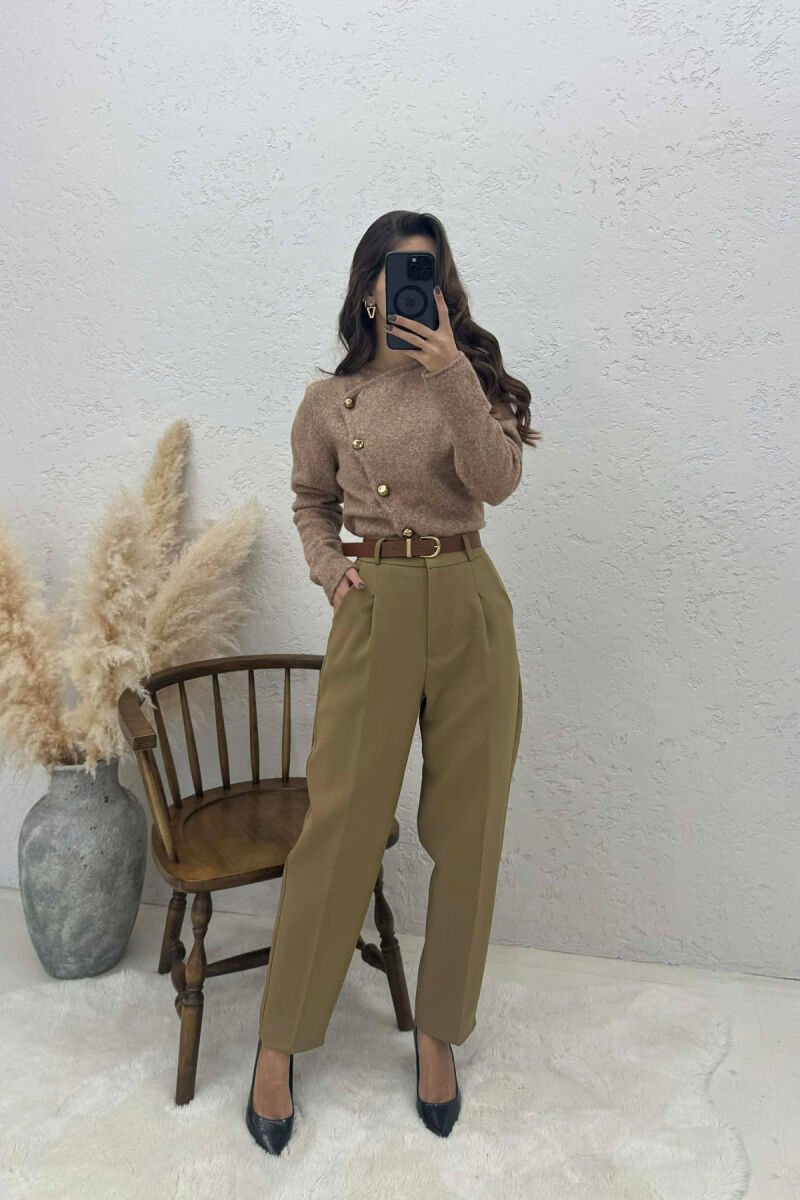 ONE COLOR BELT DETAIL WOMEN TROUSERS DARK KHAKI/KAKI E ERRET - 1