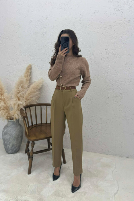 ONE COLOR BELT DETAIL WOMEN TROUSERS DARK KHAKI/KAKI E ERRET - 2