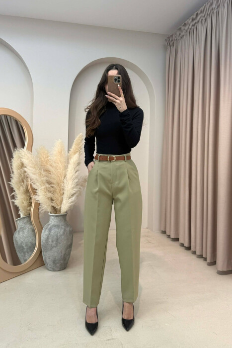 ONE COLOR BELT DETAIL WOMEN TROUSERS MINT/MENTE - KLAUDIO FASHION
