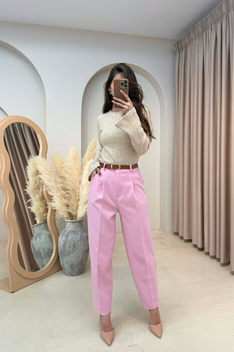ONE COLOR BELT DETAIL WOMEN TROUSERS PINK/ROZE - 1