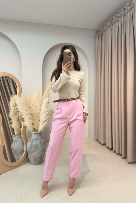 ONE COLOR BELT DETAIL WOMEN TROUSERS PINK/ROZE - 2
