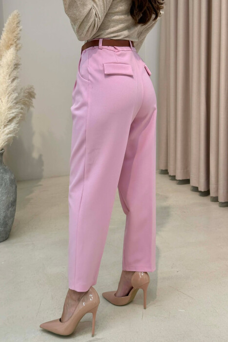 ONE COLOR BELT DETAIL WOMEN TROUSERS PINK/ROZE - 4