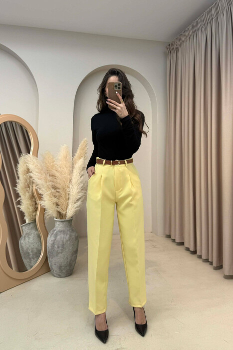 ONE COLOR BELT DETAIL WOMEN TROUSERS YELLOW/E VERDHE - KLAUDIO FASHION