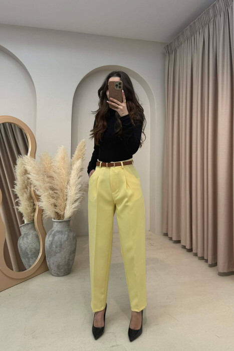 ONE COLOR BELT DETAIL WOMEN TROUSERS YELLOW/E VERDHE - 2