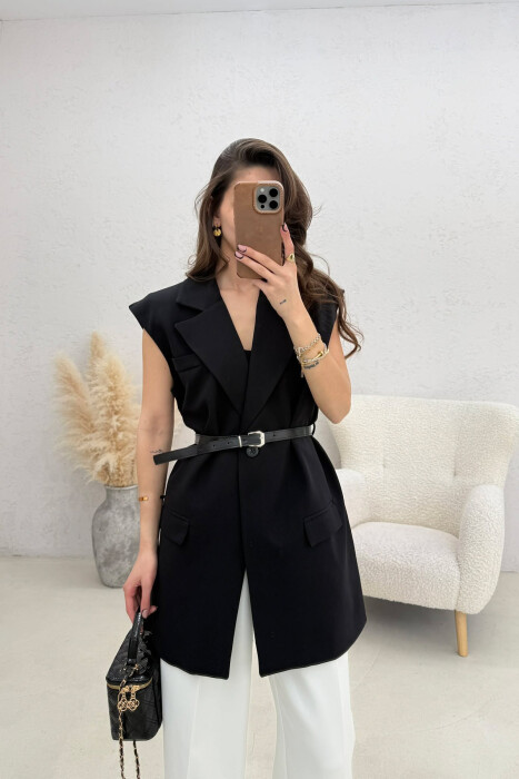 ONE COLOR BELT DETAIL WOMEN VEST BLACK/ E ZEZE - 2