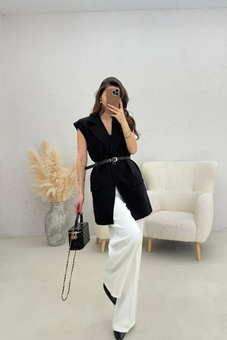 ONE COLOR BELT DETAIL WOMEN VEST BLACK/ E ZEZE - 4