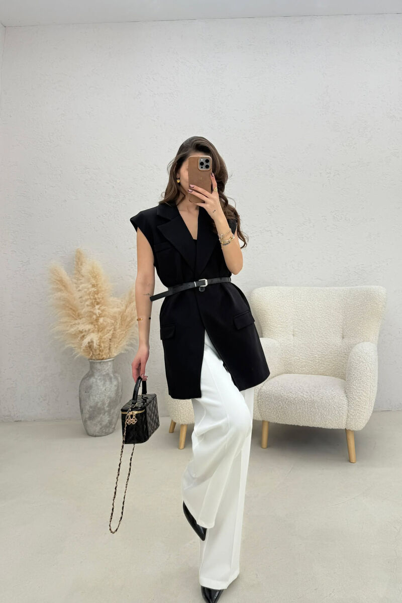 ONE COLOR BELT DETAIL WOMEN VEST BLACK/ E ZEZE - 4