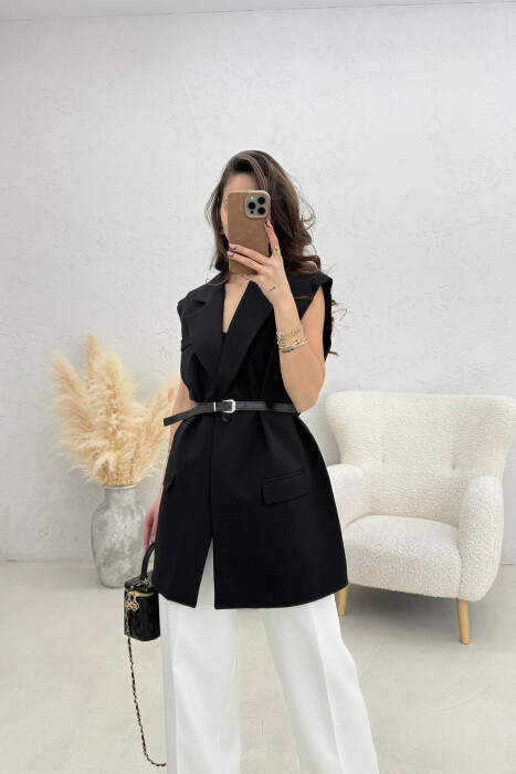 ONE COLOR BELT DETAIL WOMEN VEST BLACK/ E ZEZE - 5