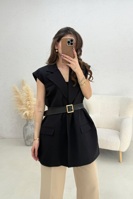 ONE COLOR BELT DETAIL WOMEN VEST BLACK/ E ZEZE - KLAUDIO FASHION