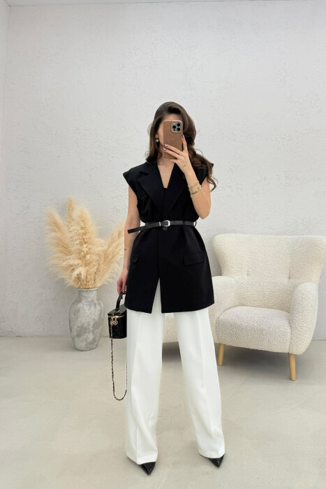 ONE COLOR BELT DETAIL WOMEN VEST BLACK/ E ZEZE - KLAUDIO FASHION