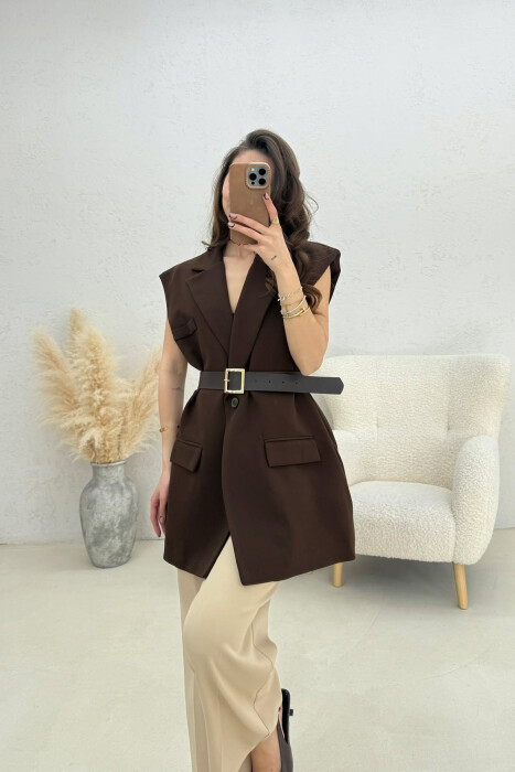 ONE COLOR BELT DETAIL WOMEN VEST BROWN/KAFE - 1