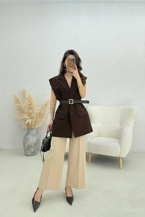 ONE COLOR BELT DETAIL WOMEN VEST BROWN/KAFE - 3