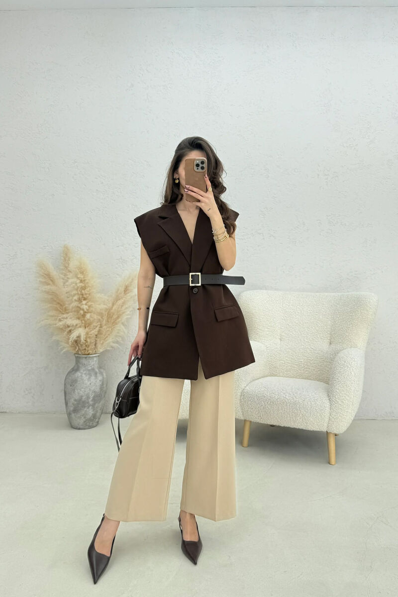 ONE COLOR BELT DETAIL WOMEN VEST BROWN/KAFE - 3