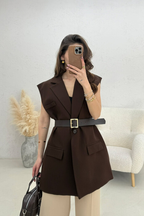ONE COLOR BELT DETAIL WOMEN VEST BROWN/KAFE - 4