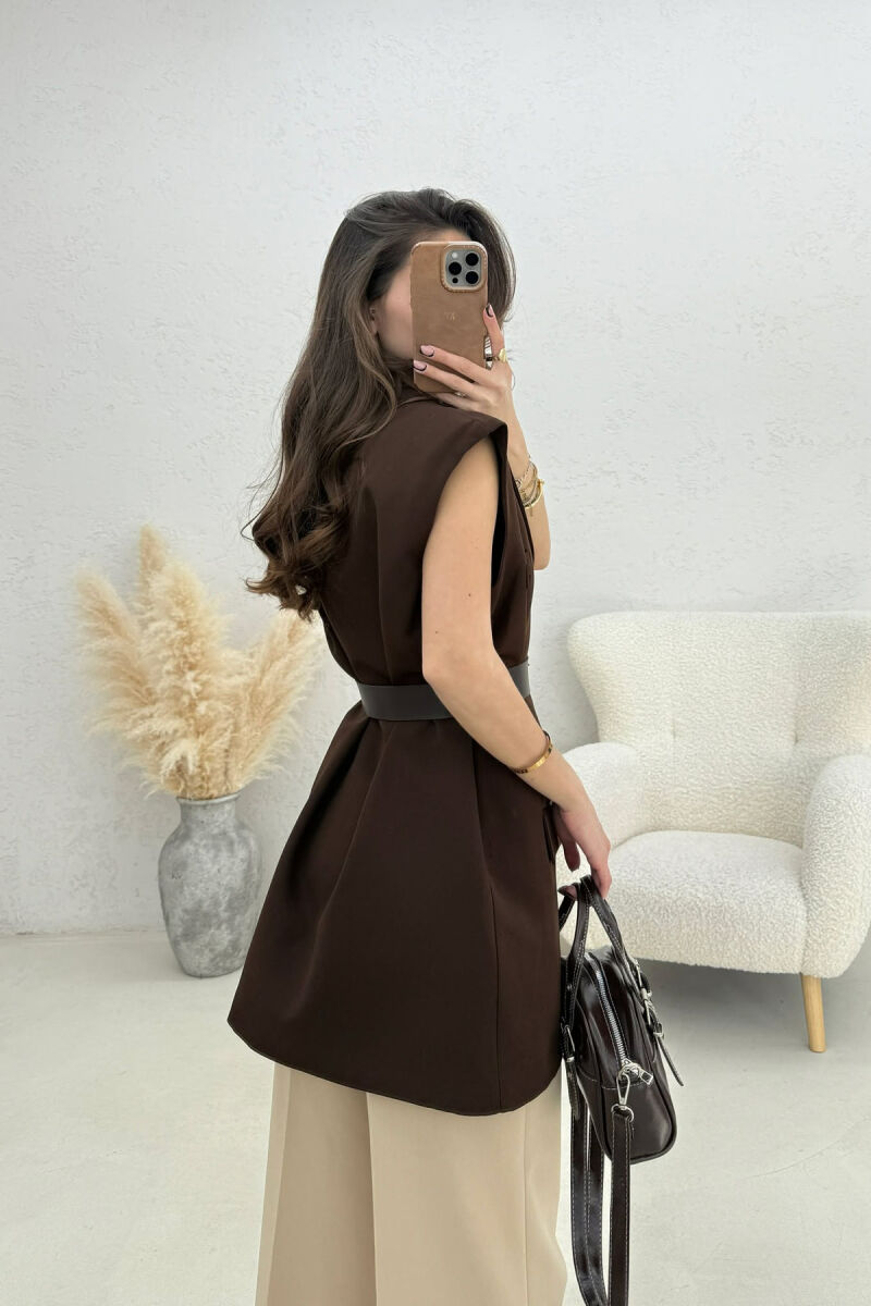 ONE COLOR BELT DETAIL WOMEN VEST BROWN/KAFE - 5