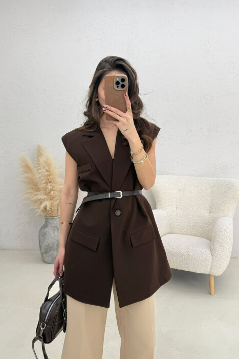 ONE COLOR BELT DETAIL WOMEN VEST BROWN/KAFE - 1
