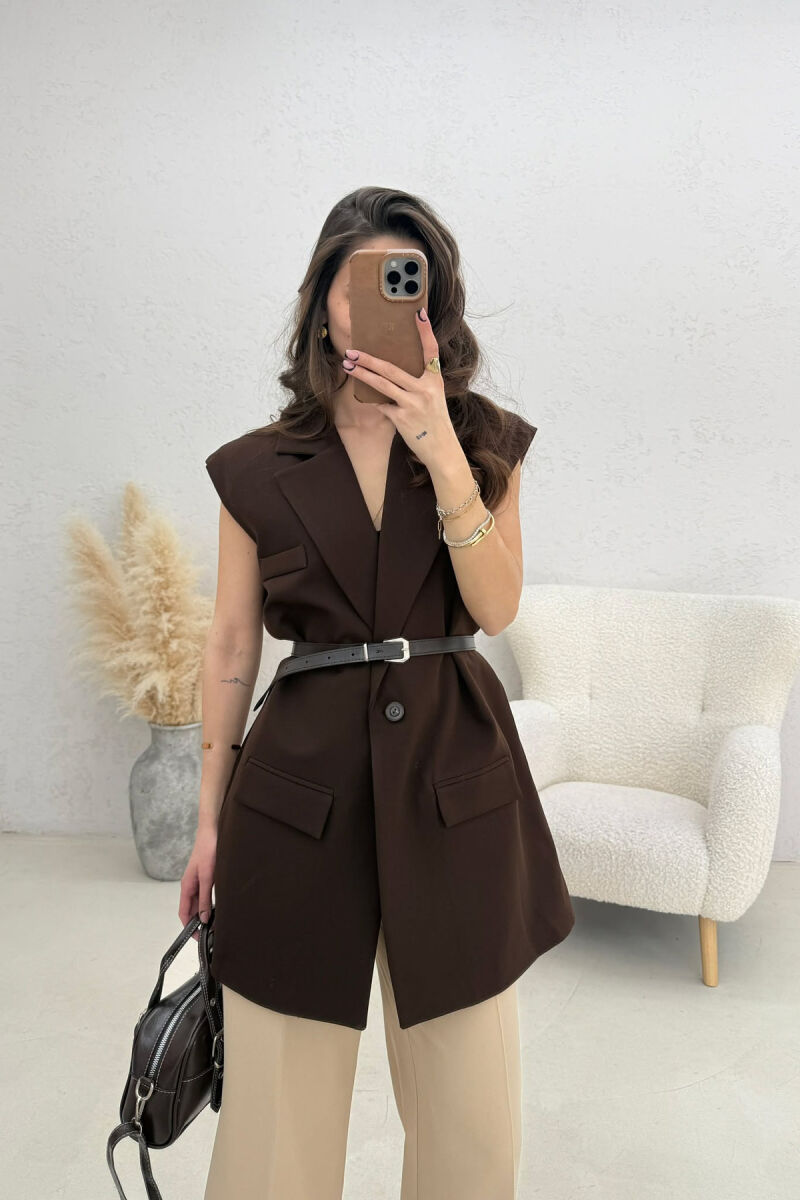 ONE COLOR BELT DETAIL WOMEN VEST BROWN/KAFE - 1