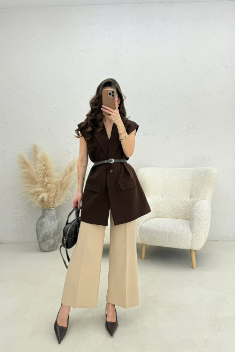 ONE COLOR BELT DETAIL WOMEN VEST BROWN/KAFE - 2