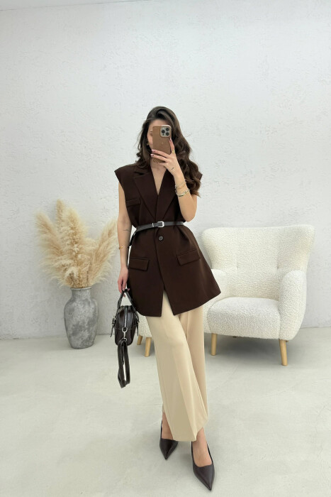 ONE COLOR BELT DETAIL WOMEN VEST BROWN/KAFE - 3