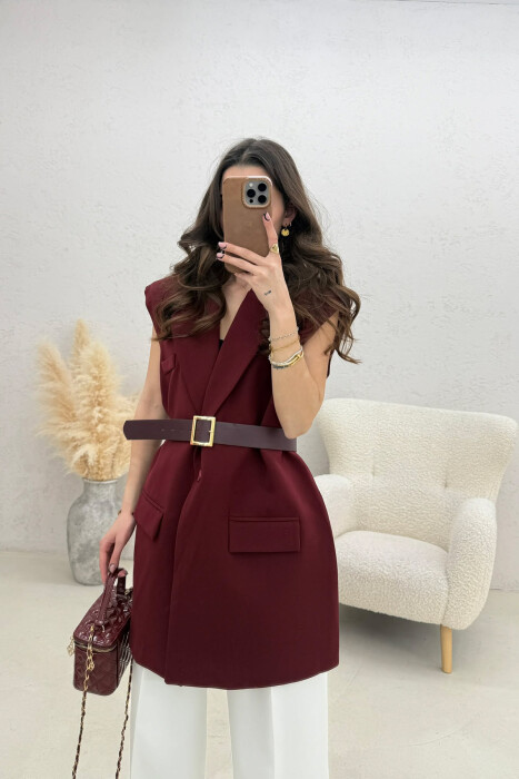 ONE COLOR BELT DETAIL WOMEN VEST BURGUNDY/VISHNJE - KLAUDIO FASHION