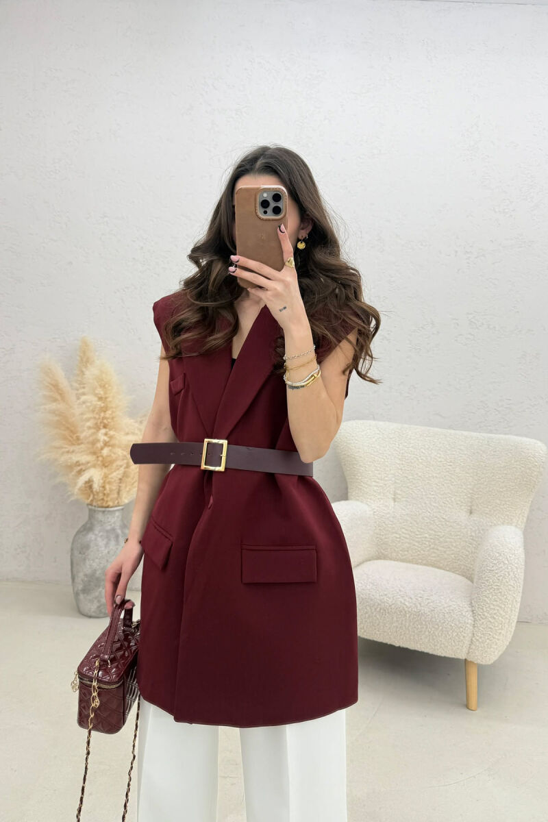 ONE COLOR BELT DETAIL WOMEN VEST BURGUNDY/VISHNJE - 1