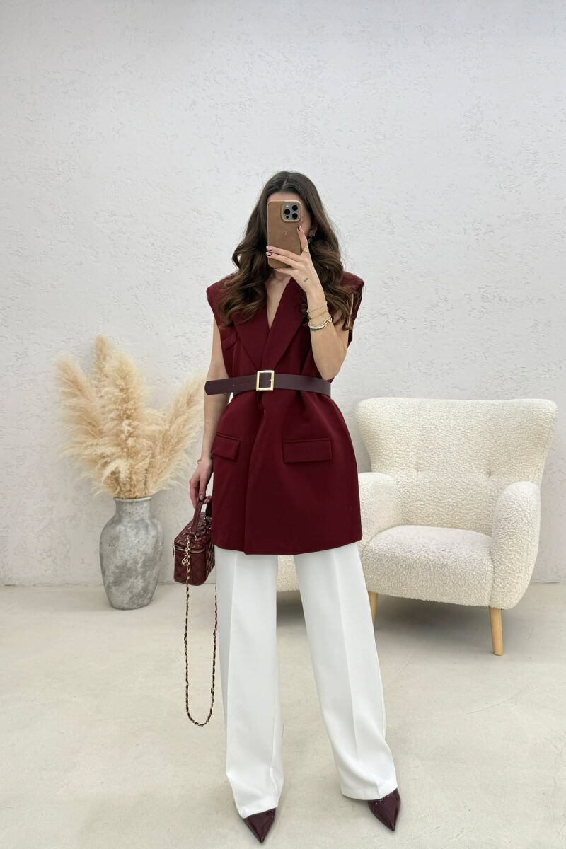 ONE COLOR BELT DETAIL WOMEN VEST BURGUNDY/VISHNJE - 4