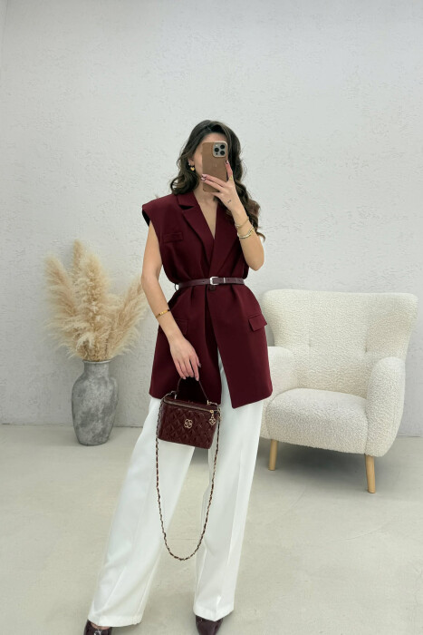 ONE COLOR BELT DETAIL WOMEN VEST BURGUNDY/VISHNJE 
