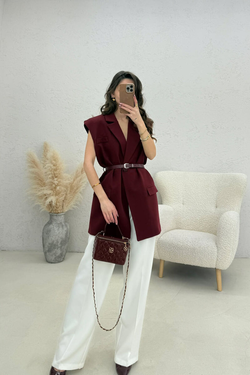 ONE COLOR BELT DETAIL WOMEN VEST BURGUNDY/VISHNJE - 1