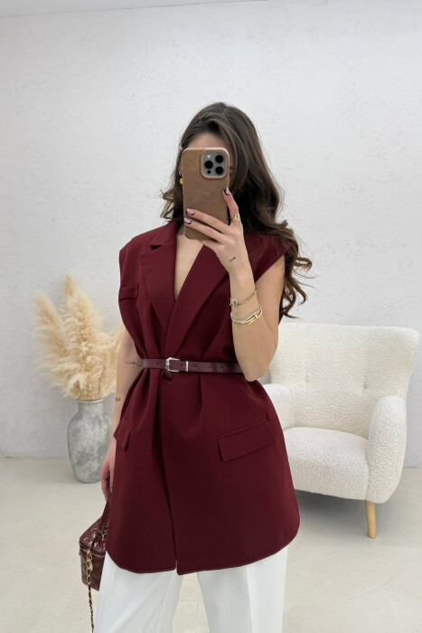 ONE COLOR BELT DETAIL WOMEN VEST BURGUNDY/VISHNJE - 2