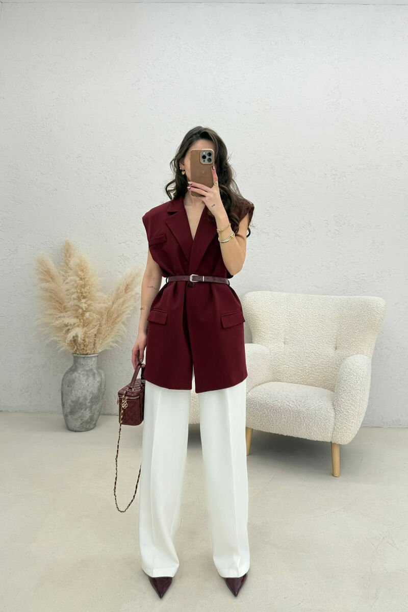 ONE COLOR BELT DETAIL WOMEN VEST BURGUNDY/VISHNJE - 3