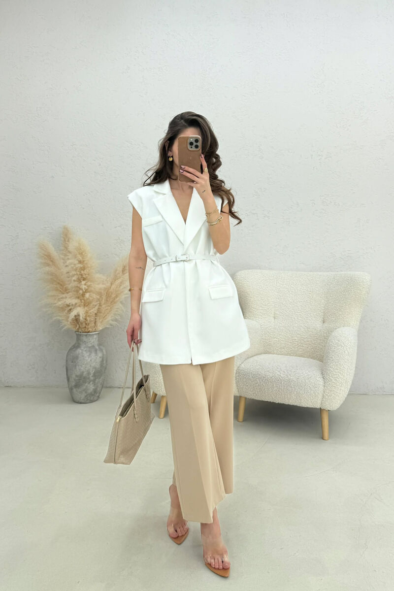 ONE COLOR BELT DETAIL WOMEN VEST WHITE-E BARDHE - 1