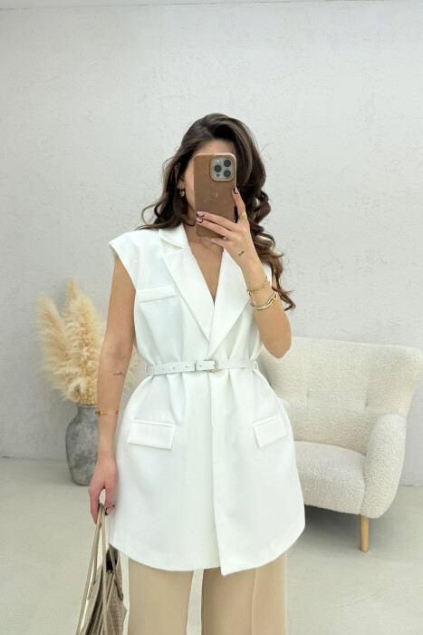 ONE COLOR BELT DETAIL WOMEN VEST WHITE-E BARDHE - 4