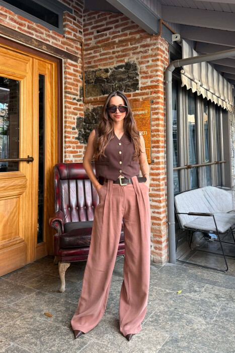 ONE COLOR BELT DETRAIL WOMAN TROUSERS BROWN/KAFE - 1