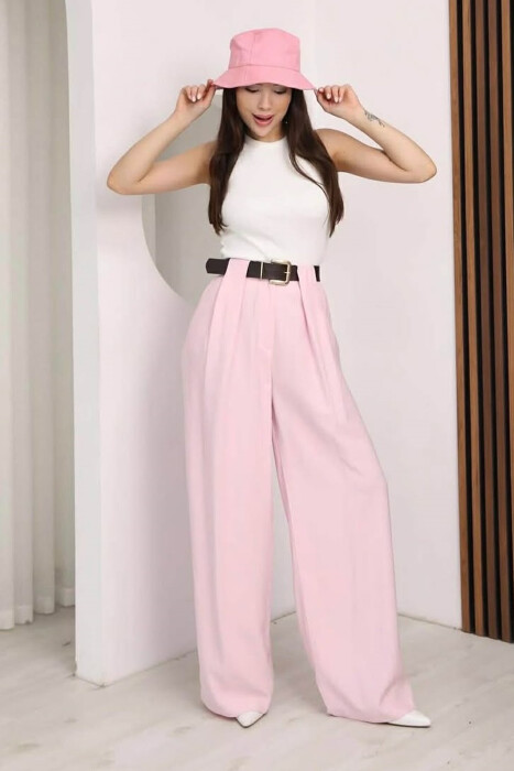 ONE COLOR BELT DETRAIL WOMAN TROUSERS PINK/ROZE - KLAUDIO FASHION