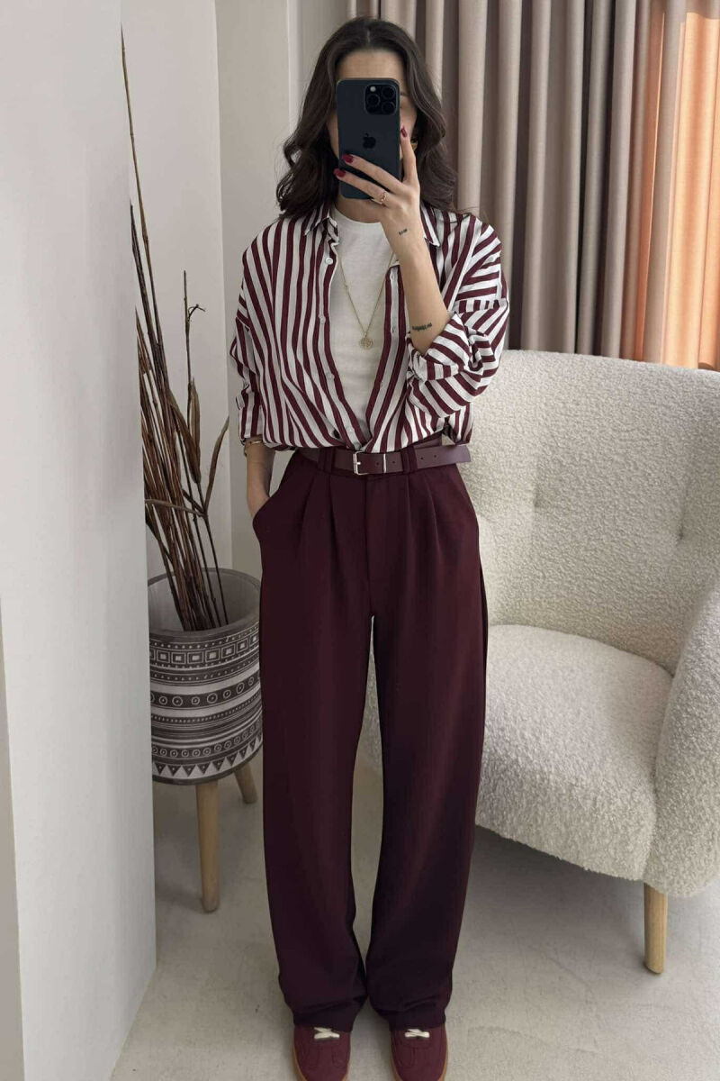 ONE COLOR BELT WOMEN TROUSERS BURGUNDY/VISHNJE - 1