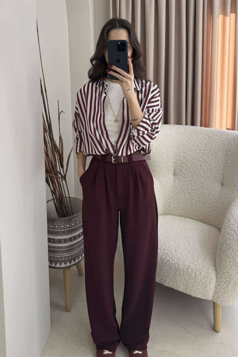 ONE COLOR BELT WOMEN TROUSERS BURGUNDY/VISHNJE - 2