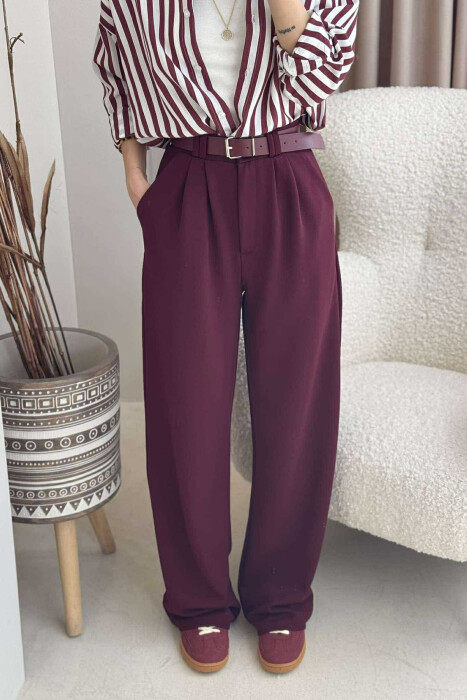 ONE COLOR BELT WOMEN TROUSERS BURGUNDY/VISHNJE - 3