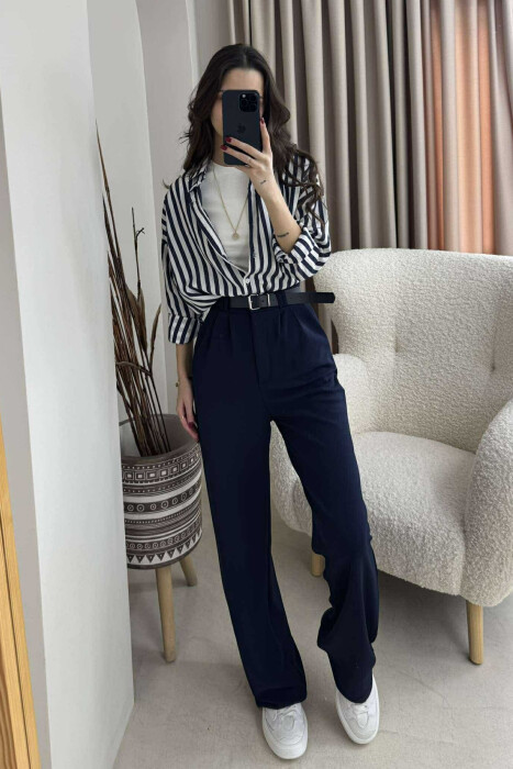 ONE COLOR BELT WOMEN TROUSERS DARK BLUE/BEE 