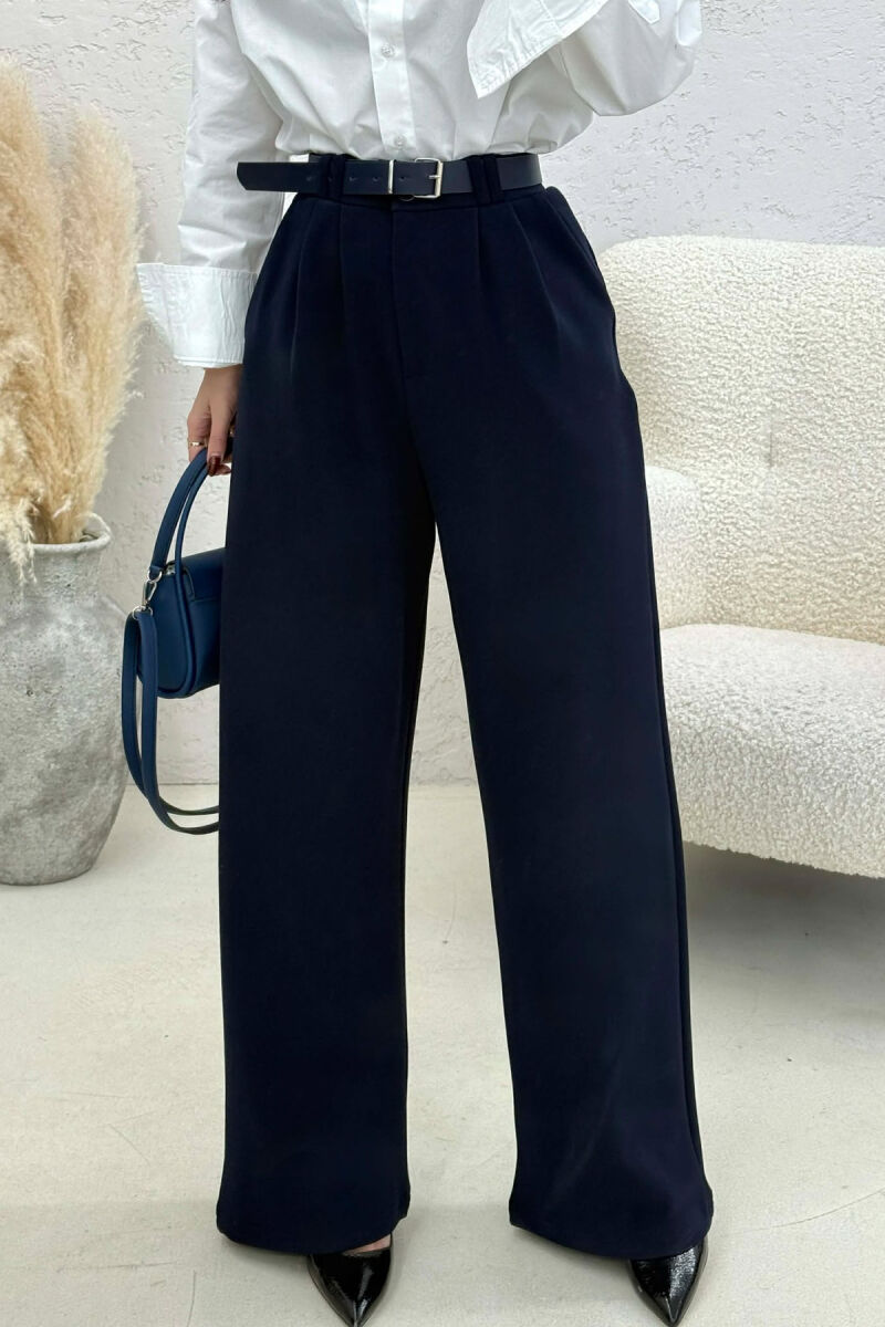 ONE COLOR BELT WOMEN TROUSERS DARK BLUE/BEE - 1